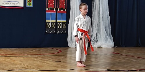 Uczeń klasy 1b w pokazie karate
